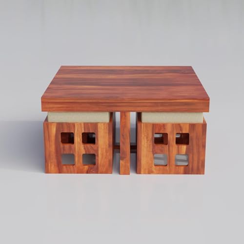 Image of Solid Sheesham Wood Coffee Table with 4 Stool | Center Table with 4 Stools for Living Room | Rosewood Teapoy Table with Cushioned Stool (Square,Honey Finish)
