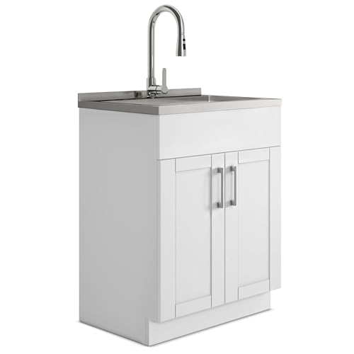 Image of SIMPLIHOME Modern Wide Shaker 28 inch Wide Stainless Steel Sink Laundry Cabinet | Transitional laundry cabinet with a high-arch chrome faucet for laundry rooms; Modern Wide Shaker utility sink or wash tub.