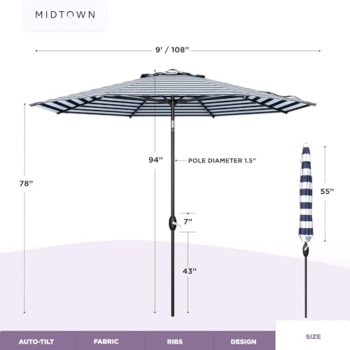 Image of Midtown Umbrellas - 10-Year-No-Fade 9 Ft Patio Umbrella with Terylast Fabric, Auto-Tilt Aluminum Frame and 8 Reinforced Ribs for Deck, Pool, Garden & Beach - Navy Stripes Canopy, Black Pole