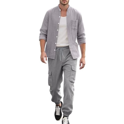 Combinaison en lin homme tenue été décontractée avec cardigan et pantalon cargo léger