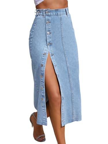Trendy High Waisted Denim Skirt for Women Button Front Slit Midi ...