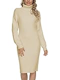 LOGENE Women's Turtleneck Long Sleeve Ribbed Slim Fit Knee Length Knit Sweater Dress (Beige, S)...
