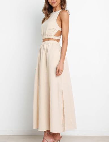 Womens Linen Skirts Casual Summer Elastic High Waisted A Line Pleated Midi Skirt with Pockets3