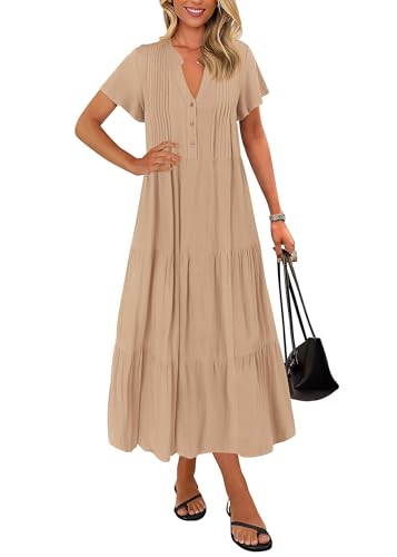 Image of KIRUNDO Summer Maxi Dresses for Women 2026 | Spring Fashion Short Sleeve Tiered Flowy Dress, Button V Neck, Pleated, Loose Fitting, Nursing & Bump Friendly, With Pockets