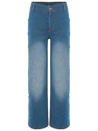 Kids Girls Stretch Wide Leg Jeans Side Button Detail Functional Pockets Toursers Playdate School Pants Outfits3
