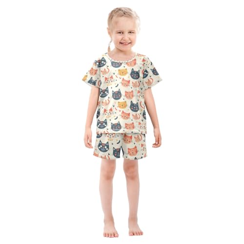 ALAZA Romantic Cat Kitten Love Heart Pajamas Set Short Sleeve Cotton Sleepwear Summer Pjs 2 Piece 5-14Y3