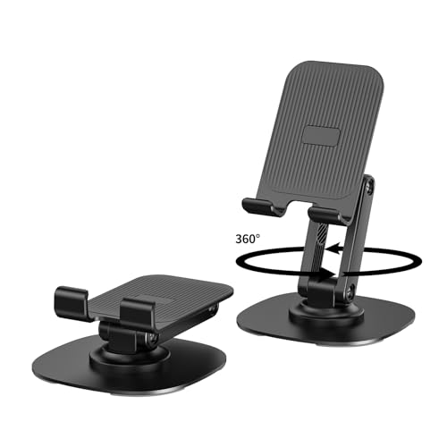 Image of 360 Rotating Cell Phone Stand for Desk (K69-Black) | Adjustable & Foldable Phone Holder, Aluminum Desktop Phone Stand with Anti-Slip Base, iPad Stand for Desk