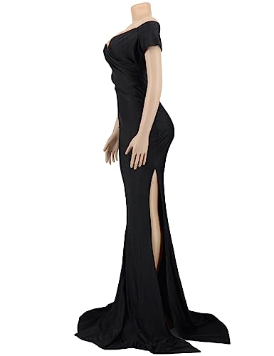Image of Womens Off Shoulder Sexy V Neck High Split Long Maxi Dress, Formal Cocktail Party Evening Gown Mermaid Dress