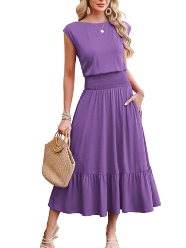 Image of Kikibell Womens Summer Dresses Cap Sleeve Elastic Waist Midi Dress with Pocket Long Causal Sundress Beach Vacation Outfits