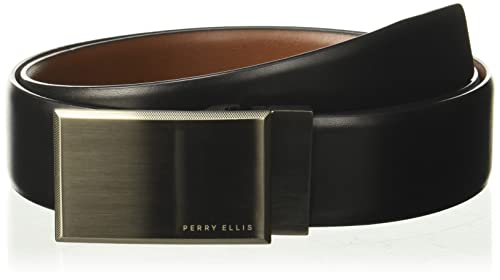 Perry Ellis Men's Portfolio Patterned Plaque 100% Leather Reversible Belt (Sizes 30-44 Inches)