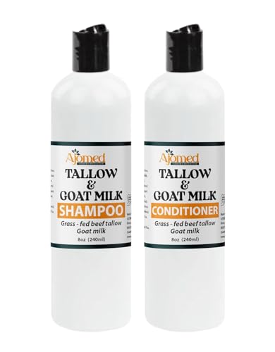 AJOMED Cosmetics Tallow and Goat Milk Shampoo and Conditioner - tallow Hair Hair Growth shampoo for Dry Damaged hair - Silicone Paraben Sulfate Free Shampoo All Hair Types (Warm Patchouli 8OZ SET)