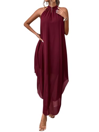 Image of Verdusa Women's Wedding Guest Dress Halter Flowy Chiffon Long Bouncy Dress | Cocktail Dress, Asymmetrical Dress for Women, Sleeveless, Prom Dress, Cruise Outfits, Boho