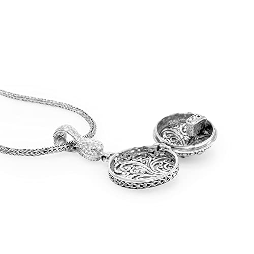 Sarda - .925 Sterling Silver 2" X 1" Frangipani Flower Hammered Chain Link Jawan Round Domed Locket Enhancer Pendant - Handmade By Bali Artisans #TOP4