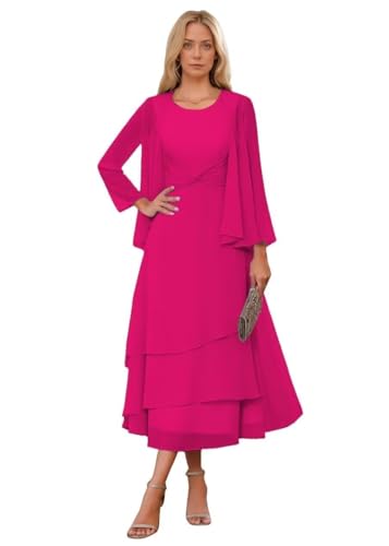 Mother of The Bride Dresses with Jacket Chiffon Tiered Tea Length V Neck Formal Prom Dress JH013