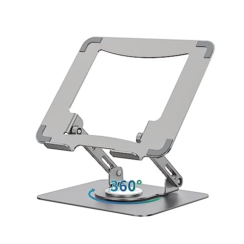 SOUNDANCE Laptop Stand with 360° Rotating Base, Ergonomic Computer Riser for Desk, Adjutable Height Muti-Angle, Foldable Laptop Mount, Stable Metal Holder Support 10-15.6" Notebook PC, Silve
