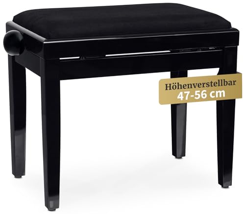 Classic Cantabile Pianobank Schwarz-Hochglanz (Höhenverstellbar von 47-56cm, Spindelmechanik, Sitzfläche 55 x 32cm, schwarzer Velourbezug, stabil)