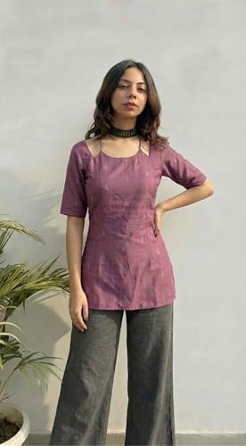 Image of ANNI Designer Women's Viscose Blend Printed Short Kurti | Straight Fit Ethnic Top with Square Neck | Bell Sleeve Indian Kurta for Office College, Party