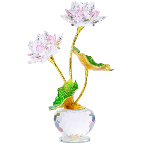 YWHL Pink Crystal Lotus Flower Figurine with Vase, Handmade Lotus Gifts Bouquet for Women on Birthday Christmas Mother's Day, Glass Lotus Flower Home Party Office Decor