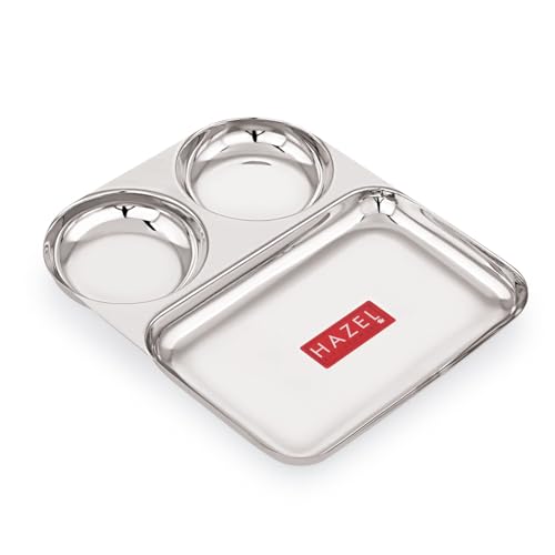 Image of HAZEL Stainless Steel 3 Compartment Plate | Section Thali for Kids & Adults | Rimless Divided Pav Bhaji Tray for Meals & Portion Control