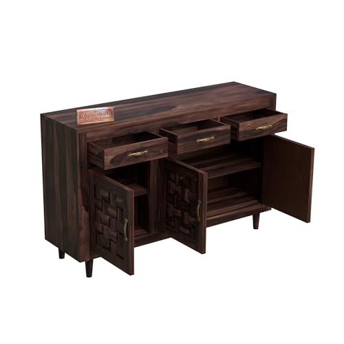 Image of Solid Sheesham Wood Sideboard Cabinet Storage with 3 Door & 3 Drawer Wooden Storage Organizer Cabinet for Home Kitchen Living Room Bedroom Hallway Dinning | Walnut Finish | Pre-Assembled