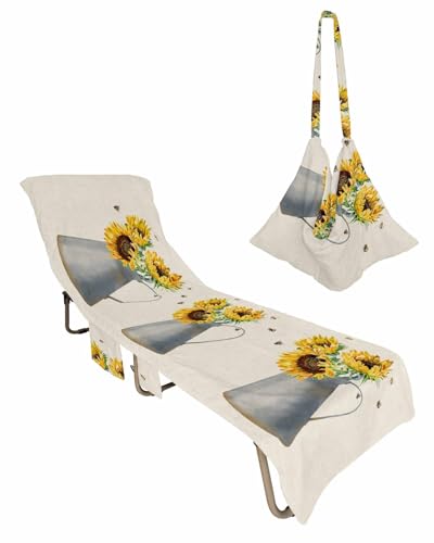 Sunflowers Beach Lounge Chair Towel Cover, Soft Chaise Lounge Towel with Side Pockets Patio Pool Chairs Cover for Beach/Pool Sunbathing 29x85 Summer Bee Botanical Floral Rustic