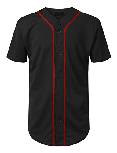 Mersenne Men's Baseball Jersey Button Down Short Sleeve Shirts (L, Black/Red)
