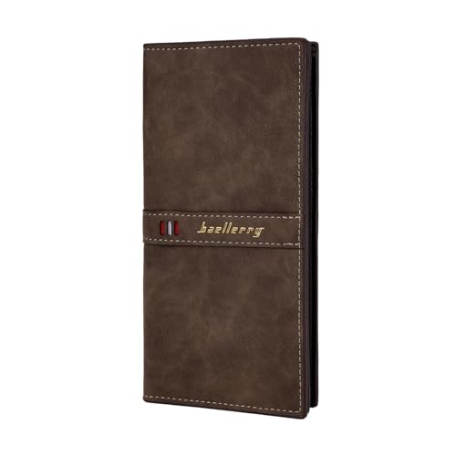 Bifold Card Holder Wallet for Men with Clear Photo Position, Compact Leather Long Wallet Purse, Slim Mens RFID Wallet with Zipper Pocket, Small Phone Bag Wallet with Card Slots, Brown