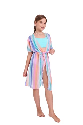 Image of Girls Bikini Set 3 Piece - Striped Multicolored Swimsuit with Quick Dry Cover Up - Bathing Suit for Kids 6-14 Years