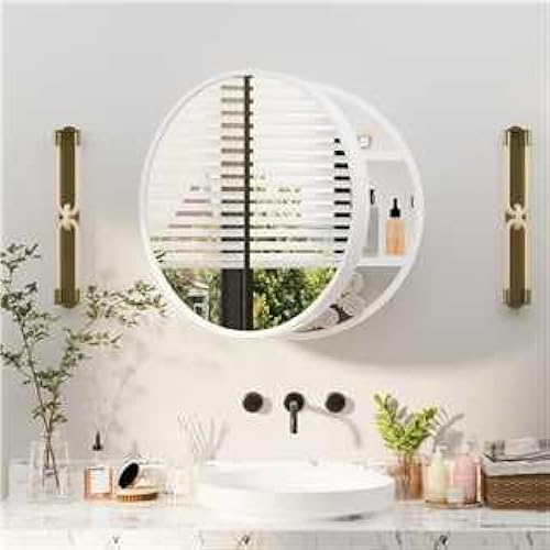 Round Medicine Cabinet Mirror, Bathroom Mirror Wall Cabinet with Storage and Shelf, Surface Wall Mounted,Arched Cabinet Makeup Vanity Mirror for Bedroom, White