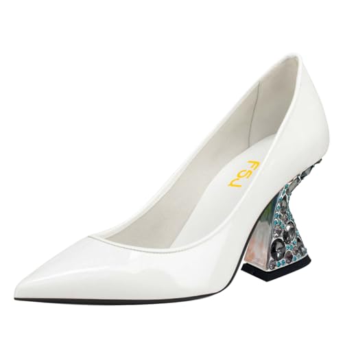 FSJ Women Gorgeous Crystal Gemstone Heel Pumps Pointed Toe Slip On Chunky Block Heels with Rhinestones for Bridal Party Wedding Dress Shoes Size 4-16 US
