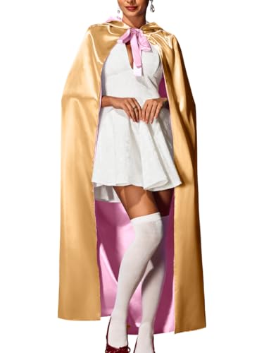 ShawGobow Fairy Cape Women Color Block Shimmer Satin Hooded Cloak Adult Princess Costume Cosplay Party Gold 180CM