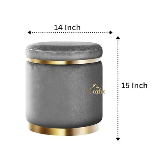 Image of Velvet Puffy Ottoman Stool, Round Footrest with Diamond Quilting and Gold Base, Grey, for Living Room, Bedroom and Dressing Area (Grey)
