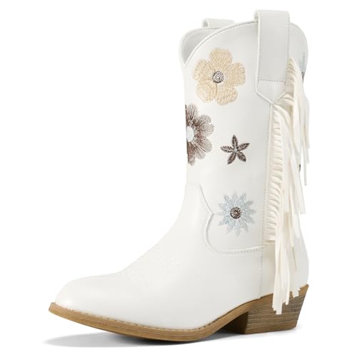 Rollda Girls Cowboy Boots Cowgirl Boots with Tassel Floral Embroidered Kids Western Boots for Toddler/Little Kid/Big Kid White Size 12
