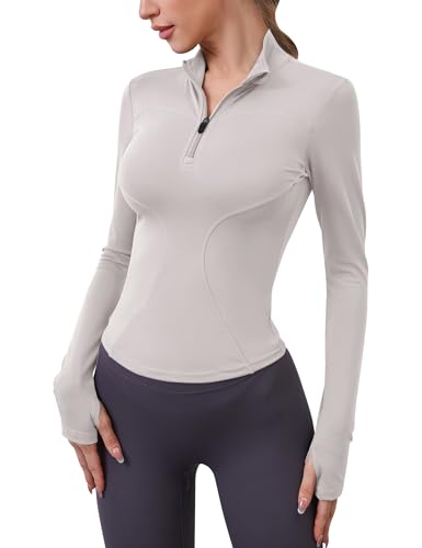 iWoo Camiseta de gimnasio de manga larga para mujer, media cremallera, capa base con cremallera de 1/4 con agujeros para el pulgar, camiseta de entrenamiento para senderismo, ciclismo, Gris marfil, S iWoo Camiseta de gimnasio de manga larga para mujer, media cremallera, capa base con cremallera de 1/4 con agujeros para el pulgar, camiseta de entrenamiento para senderismo, ciclismo, Gris marfil, S