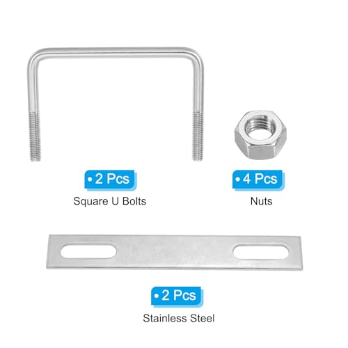 Image of PATIKIL M10x120x90mm Square U-Bolts Kit, 2Set 304 Stainless Steel Square U Shaped Bolts Replacement Parts with Frame Plates and Nuts for Ski Board Sailboat Trailer