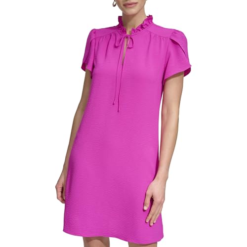 Image of DKNY Women's Front Tie Ruffle Neckline Trapeze Dress