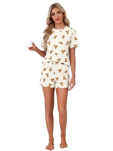 Image of LYANER Pajama Set for Women 2 Piece Lounge Set Striped Crew neck Short Sleeve Tops and Shorts Soft Sleepwear