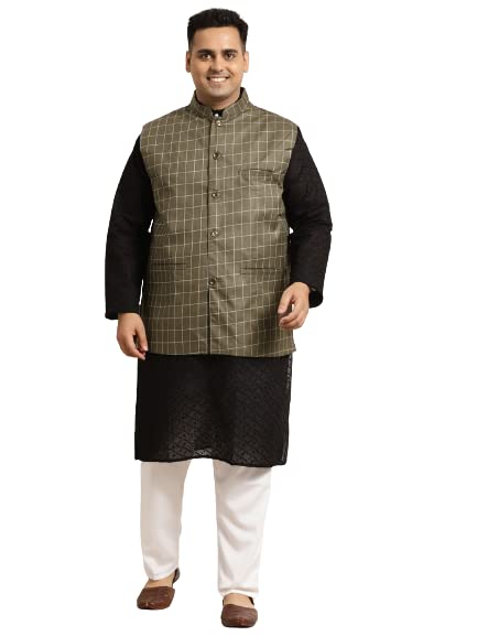 Image of SOJANYA (Since 1958) Men's Silk Blend Dark Green Kurta & Silk Blend Nehrujacket With Off White Churidar Pyjama Set