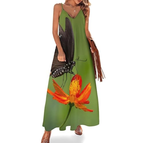 Robe longue d'été bohème chic col V sans manches et motif papillon imprimé pour femme