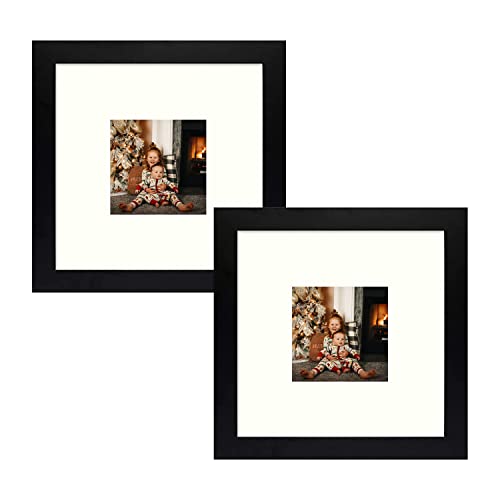 Frametory, 8x8 Square Photo Frame with Ivory Color Mat for 3.5x3.5 Photo, Perfect for Table-Top, Wide Molding, Built in Hanging Features (Black, 2-Pack)