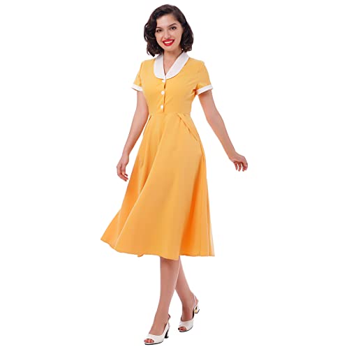 Image of Women 1950s Vintage Short Sleeve Peter Pan Collar Retro Swing A Line Midi Summer Dress Cocktail Party Evening Prom Gown