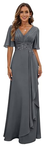 V Neck Lace Applique Mother of Bride Dress Gray Ruched A Line Flutter Sleeve Chiffon Formal Evening Party Dress 2026 US12