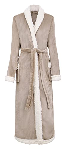 Sherpa Robes for Women Long Fleece Robe with Pockets and Sherpa Trim, Latte