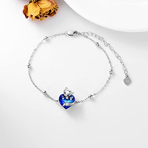 925 Sterling Silver Cute Cat/Fox Link Bracelet with Heart Crystal from Austria, Animal Jewelry Gifts for Women3