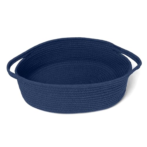 MEGASKET Dark Blue Small Woven Basket, 13” x 9” x 5” Baskets for Gifts Empty, Cotton Rope Gift Basket, Cute Nursery Baby Organizer, Cat Dog Toy Box, Oval Wicker Storage Bin with Handle