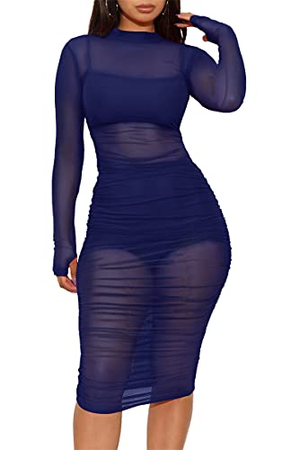 Image of Atyfuniby Women's Sexy 3 Piece Outfits Mesh See Through Ruched Midi Dresses + Crop Tank Tops + Skinny Shorts Sets Clubwear
