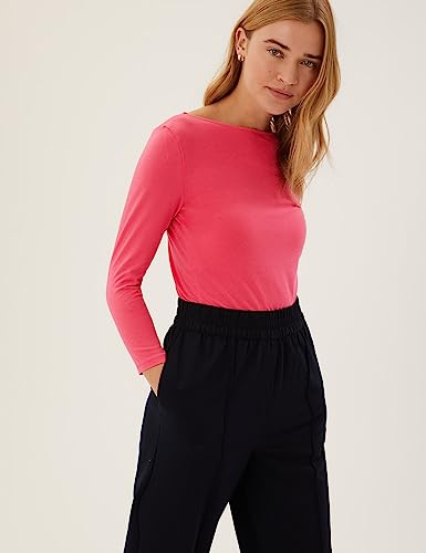 Image of Marks & Spencer Womens Solid Cotton Blend Boat Neck Slim Fit T-Shirt