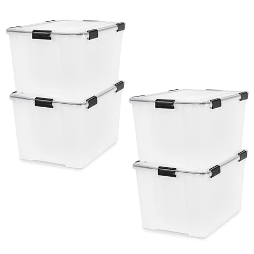 Image of IRIS USA WeatherPro 74 Qt Storage Bins with Lids, 4 Pack, BPA-Free Plastic Gasket Box with Tight Latch and Seal, Stackable Nestable Tote Tub - Clear /Black