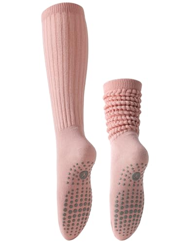 Image of Yawlsow Pilates Socks with Grips for Women Yoga Ruffle Grippy Non Slip Long Slouchy Scrunch Socks for Barre Workout Hospital
