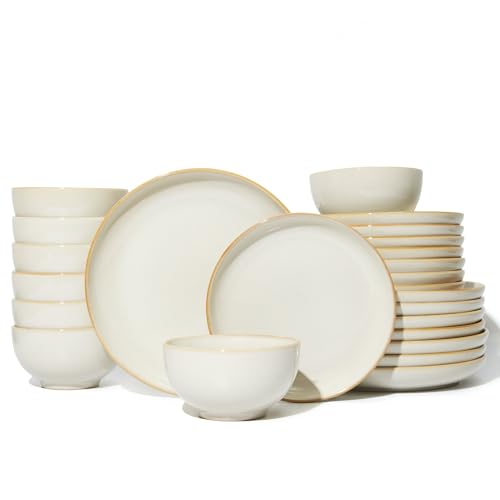 Image of Pokini Plates and Bowls Sets for 8, 24 Piece Dinnerware Set for Large Families & Entertaining, Elegant Design, Dishwasher & Microwave Safe, Chip Resistant and Durable, Yellow White